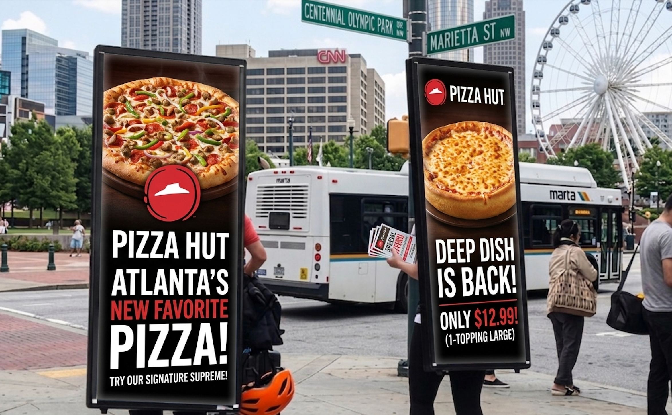 Vertbag street team displaying Pizza Hut advertisements at Centennial Olympic Park in Atlanta