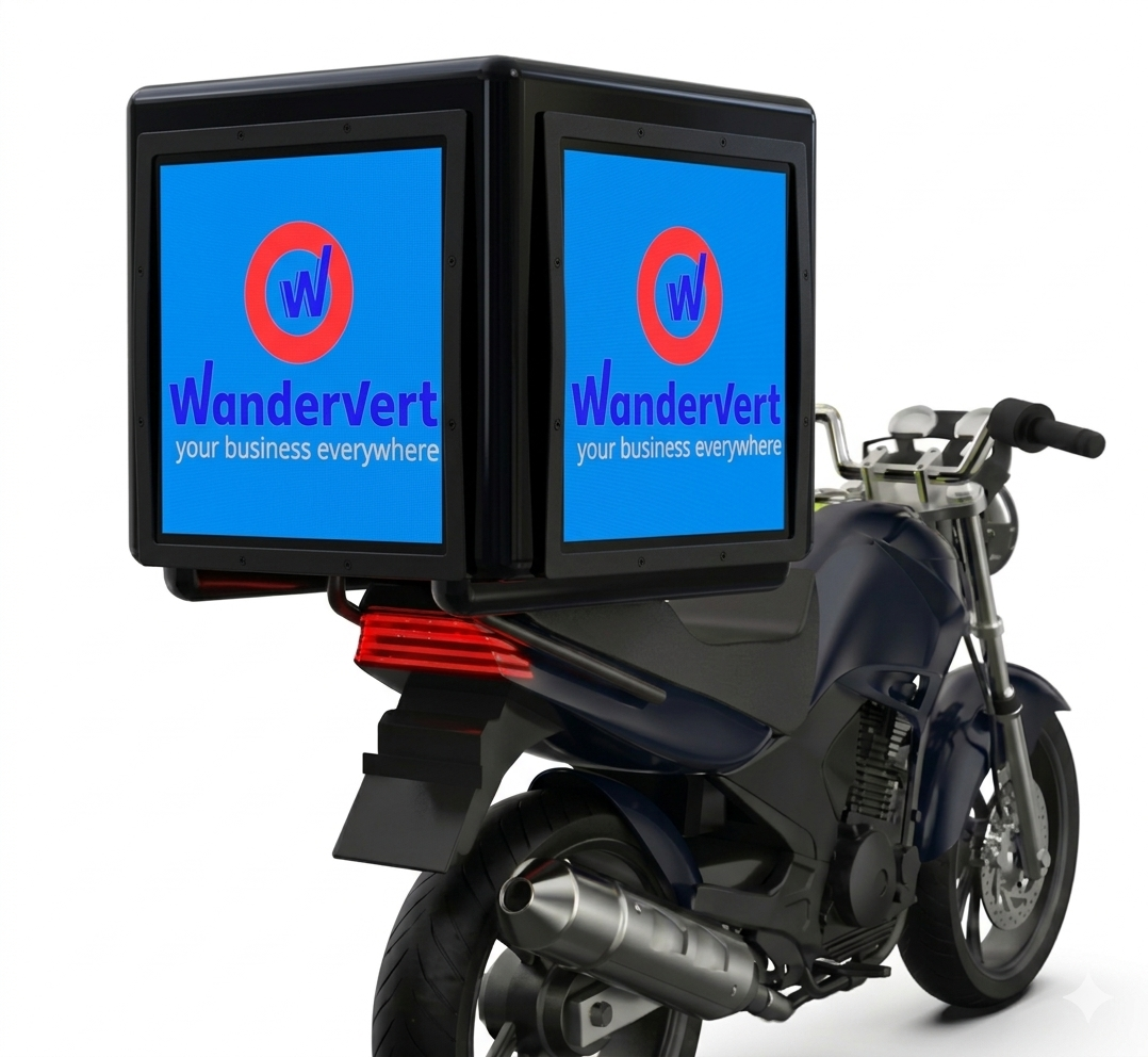 Vertbox LED display mounted on a motorcycle showing WanderVert branding