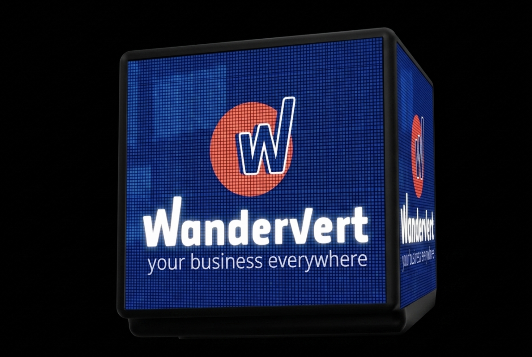 WanderVert LED cube display showing the WanderVert logo and 'your business everywhere' tagline